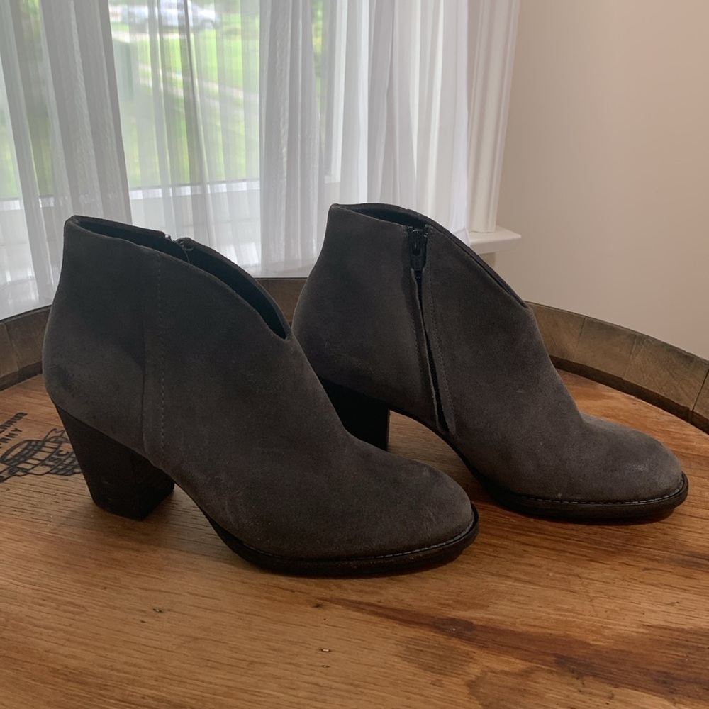 Paul Green Delgado Gray Suede Back Zip Stacked Heel Ankle Booties Boots 6.5